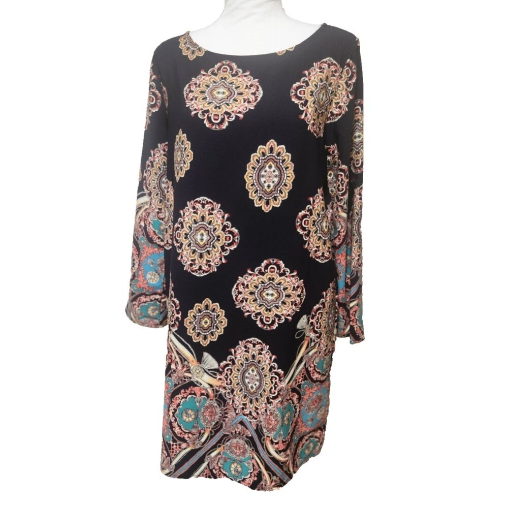 OVI Made by Chico's Roll tab Sleeve Dress Black Multicolor Women's Sz